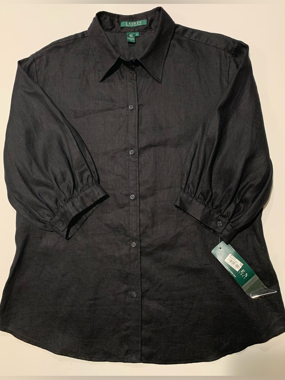NWT Lauren Ralph Lauren Black 100% Linen Button-Up Blouse Gathered Sleeve, XL - Picture 4 of 9